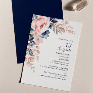 Carte De Correspondance Floral bleu rose 75e anniversaire de fête Invitati