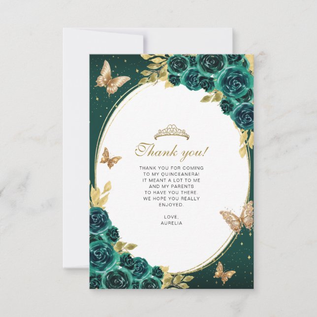 Carte De Correspondance Floral Emerald Gold Butterfly Quinceañera Photo (Devant)