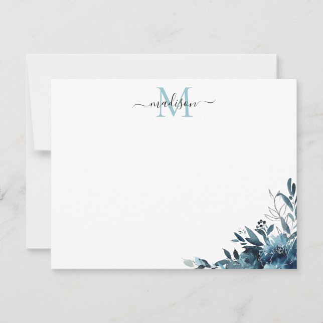 Carte De Correspondance Floral Marine bleu Aquarelle Rose Peony Monogramme (Devant)