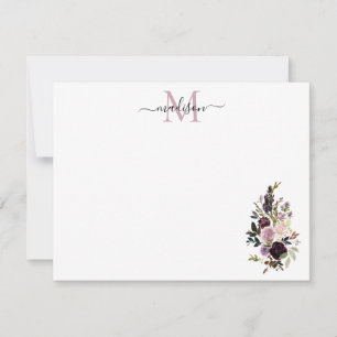 Carte De Correspondance Floral Purple Aquarelle Rose Bouquet Monogramme