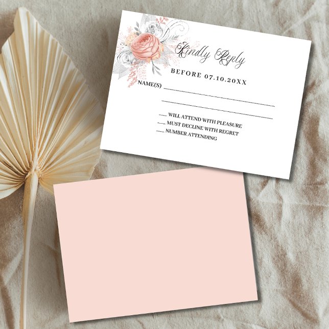 Carte De Correspondance Flores d'or rose blanc réponse mariage RSVP (Créateur téléchargé)