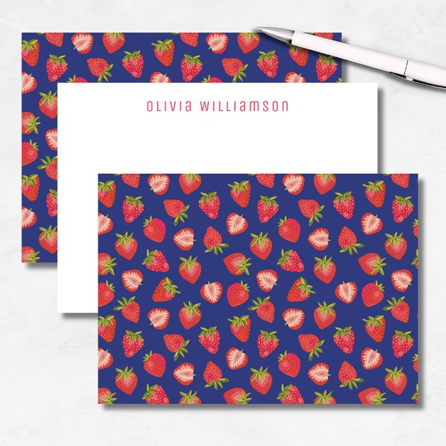 Carte De Correspondance Fraise Nom Personnalisé (Fun strawberry notecards on blue background. Customize with your own name or choice of text.)