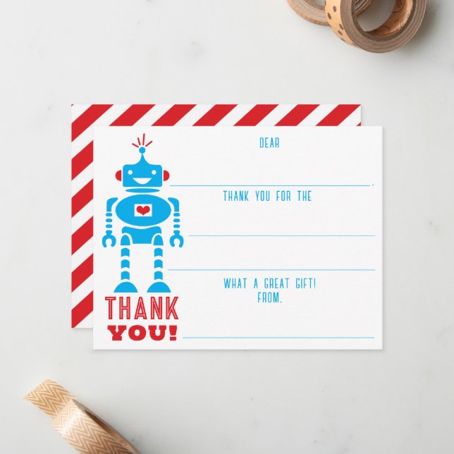Carte De Correspondance Garçon Robot Compléter les espaces vides Merci (Devant/Arrière en situation)