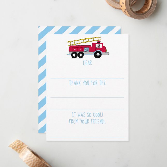 Carte De Correspondance Garçons Fill-In Fire Truck Anniversaire Merci (Devant/Arrière en situation)