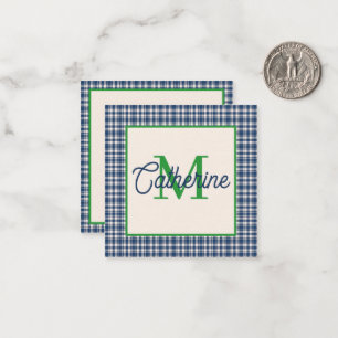 Carte De Correspondance Gingham à carreaux tartan bleu et vert Monogramme