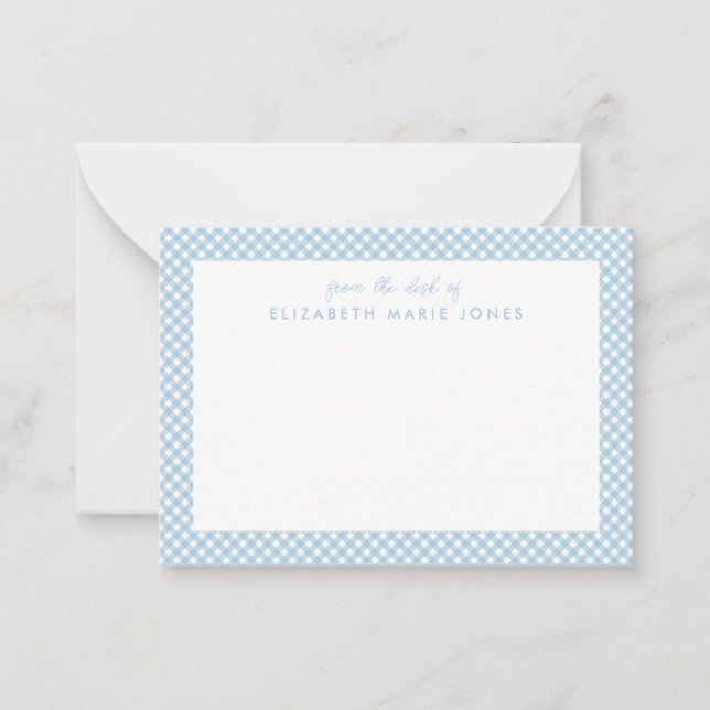 Carte De Correspondance Gingham personnalisé pour enfants à carreaux bleu  (Devant)
