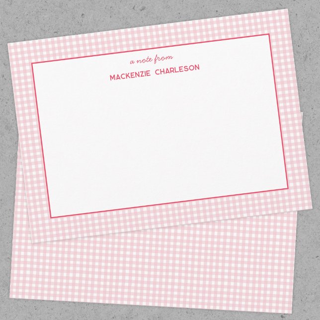 Carte De Correspondance Gingham Rose Personnalisé (Pink gingham personalized custom name notecard)