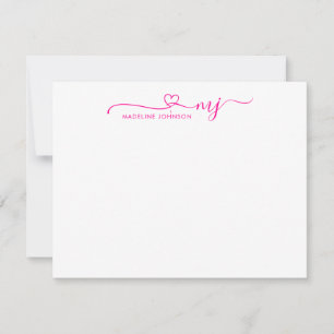 Carte De Correspondance Girly Magenta Pink Heart Nom du script Monogramme