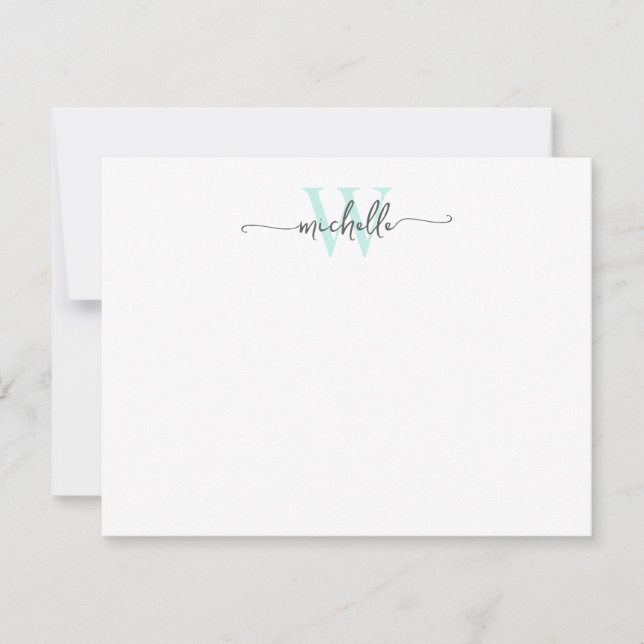 Carte De Correspondance Girly Stylish Grey Aqua Monogramme Nom Script (Devant)