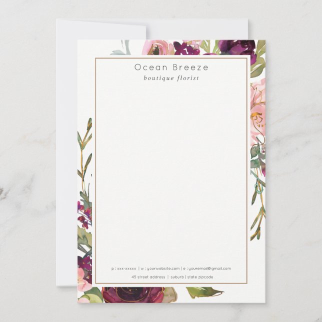 Carte De Correspondance Glam Gold Blush Bourgogne Aquarelle Rose Floral (Devant)