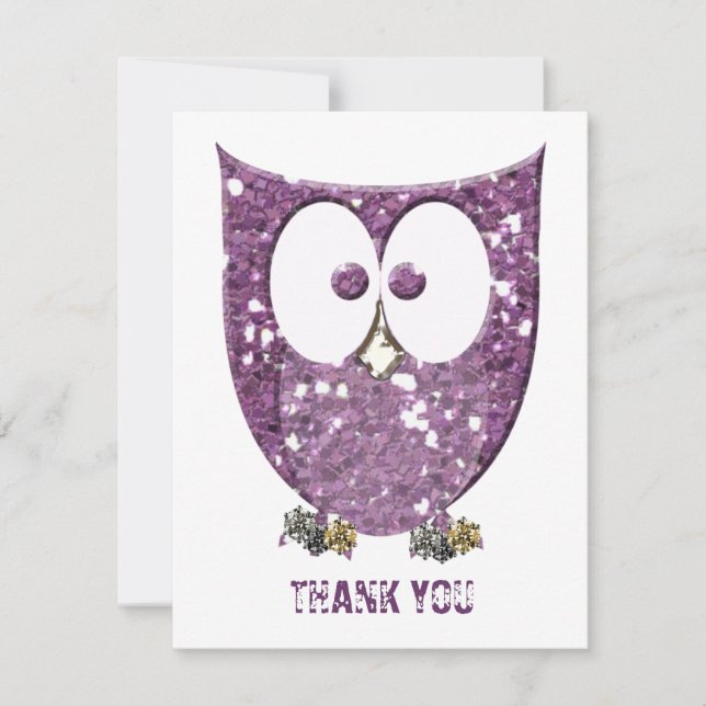 Carte De Correspondance Glittery Purple Bling Owl Flat Merci Notes (Devant)