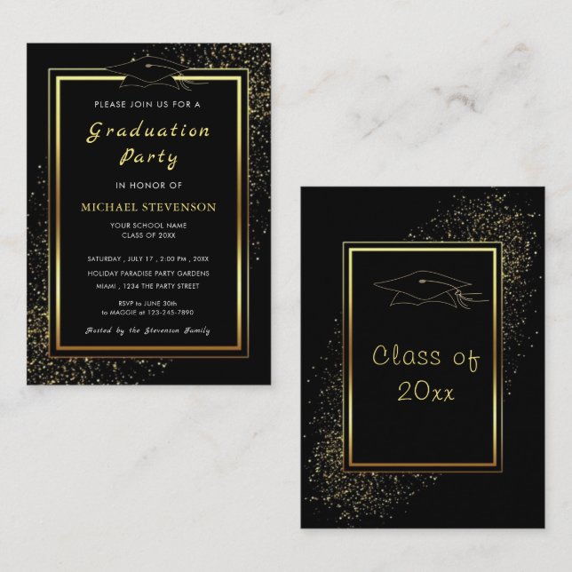 Carte De Correspondance Gold Frame Black Graduation Party Casquette Invita (Devant / Derrière)
