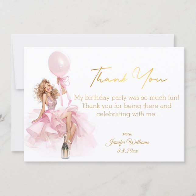 Carte De Correspondance Gold Script Pink Dress Girl Birthday Thank You (Devant)