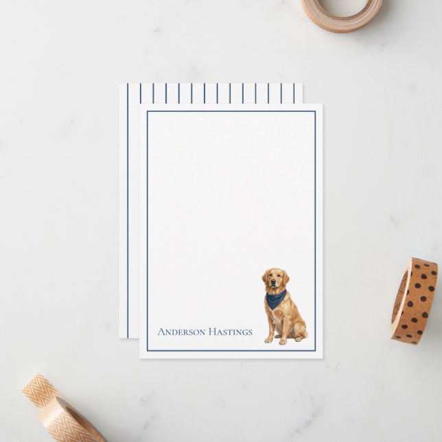 Carte De Correspondance Golden Retriever chic et rayures (Devant/Arrière en situation)