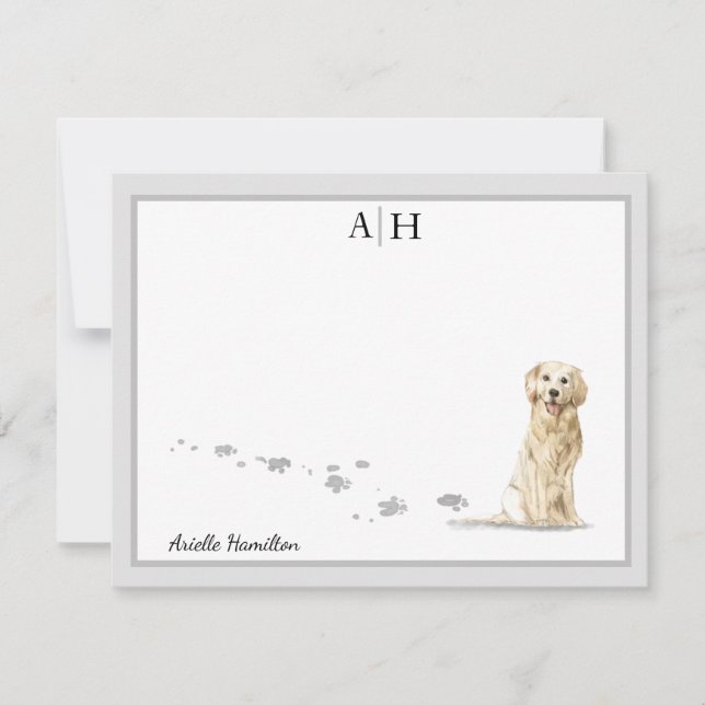 Carte De Correspondance Golden Retriever Chien Gris Bordure Monogramme per (Devant)