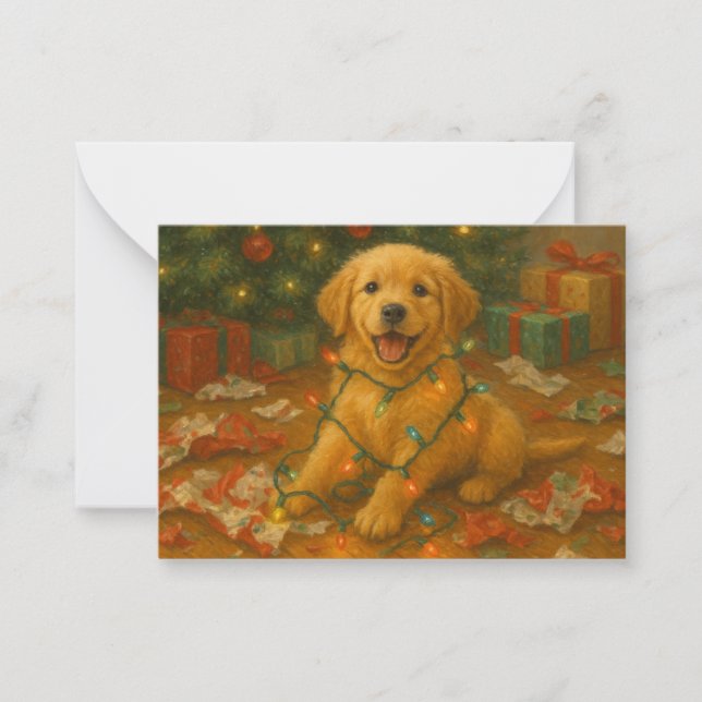 Carte De Correspondance Golden Retriever Puppy in Christmas Lights Card (Devant)