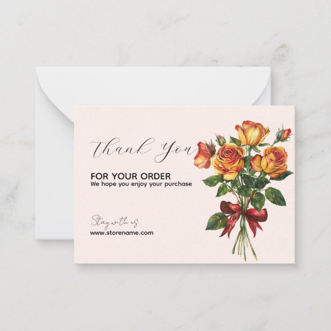 Carte De Correspondance Golden Roses Bouquet with Red Ribbon Thank You (Devant)