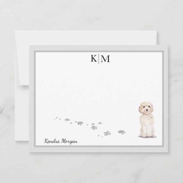 Carte De Correspondance Goldendoodle Chien Gris Bordure Monogramme Votre n (Devant)