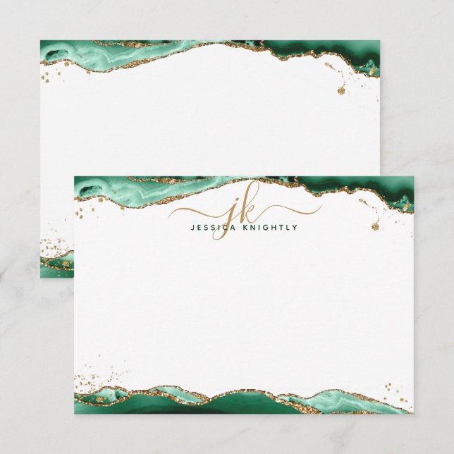 Carte De Correspondance Green Agate Géode Script Monogramme Parties scinti (Devant / Derrière)