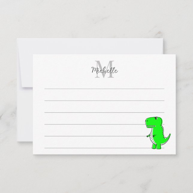 Carte De Correspondance Green Dinosaur Drawing Custom Lined Monogram (Devant)