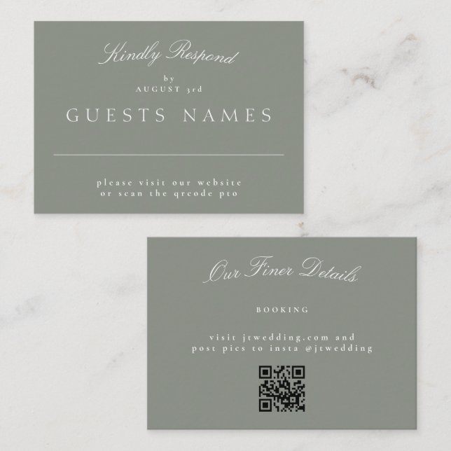 Carte De Correspondance Gris vert élégant Mariage classique QR CODE RSVP (Devant / Derrière)