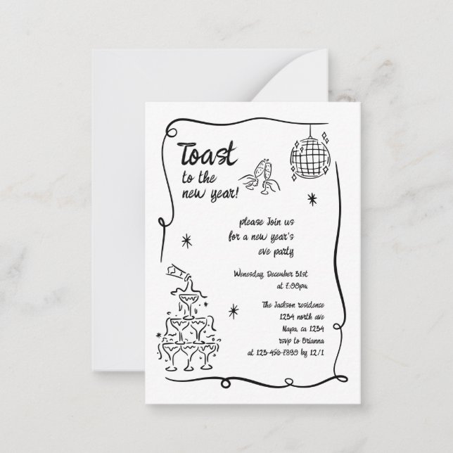 Carte De Correspondance Hand Drawn Illustrated New Years Eve Party In (Devant)