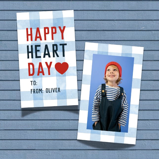 Carte De Correspondance Heart Day Blue Gingham Valentine's Classroom Card (Share this Happy Heart Day Blue Gingham Valentine's Classroom Note Card! )