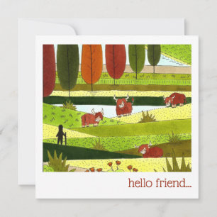 Carte De Correspondance Highland Cow Field Bonjour ami