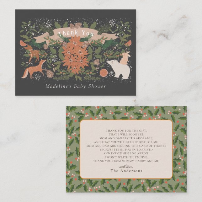 Carte De Correspondance Hiver Foliing Marine Baby shower Merci (Devant / Derrière)