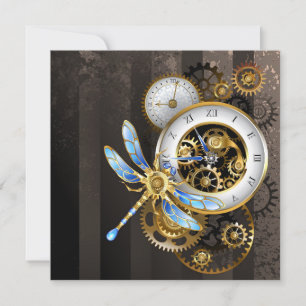 Carte De Correspondance Horloge à vapeur avec libellule mécanique