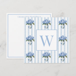 Carte De Correspondance Hortensias bleus et blancs sur monogramme à rayure