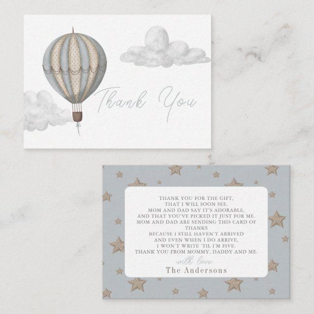 Carte De Correspondance Hot Air Balloon Boy Baby Shower Thank You (Devant / Derrière)