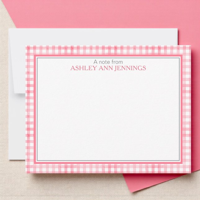 Carte De Correspondance Hot Pink Gingham Check Border Personalized (Classic gingham pattern notecard design with custom name And double border)