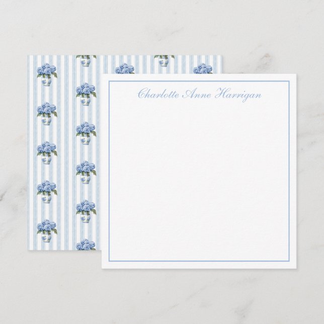 Carte De Correspondance Hydrangeas bleus et blancs sur rayures (Devant / Derrière)
