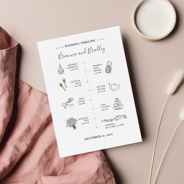 Carte De Correspondance Icône moderne Itinéraire de jour de mariage (Modern Wedding Timeline with icons Program)