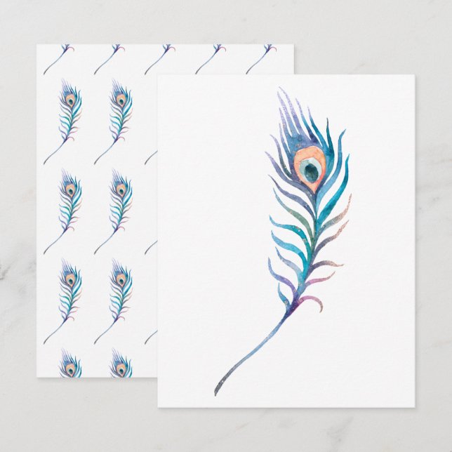 Carte De Correspondance Illustration de plumes de paon bleu aquarelle (Devant / Derrière)