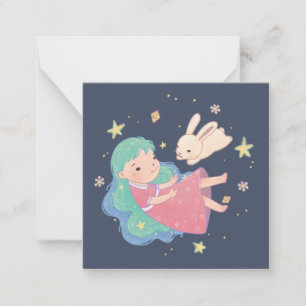 Carte De Correspondance Illustration Starry Night Bunny & Girl