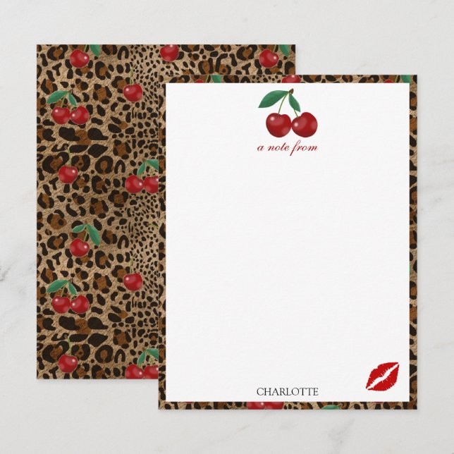 Carte De Correspondance Impression d'animal Léopard Guépard à motif Cerise (Devant / Derrière)