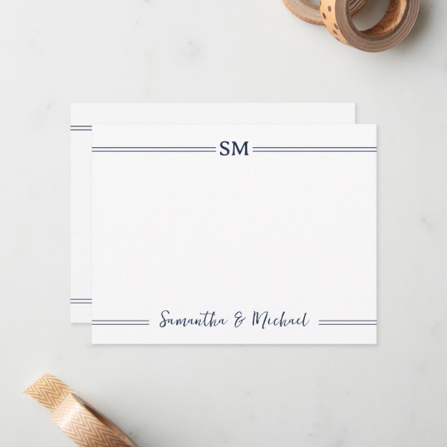Carte De Correspondance Initiales de monogramme de mariage bleu marine Nom (Devant/Arrière en situation)