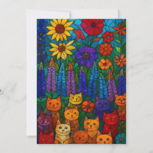 Carte De Correspondance Jardin de chats Art de chat en vitrail avec des fl