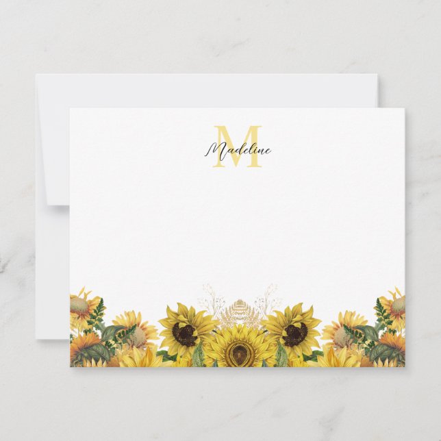 Carte De Correspondance Jaune Rustique Tournesol Floral Script Monogramme (Devant)