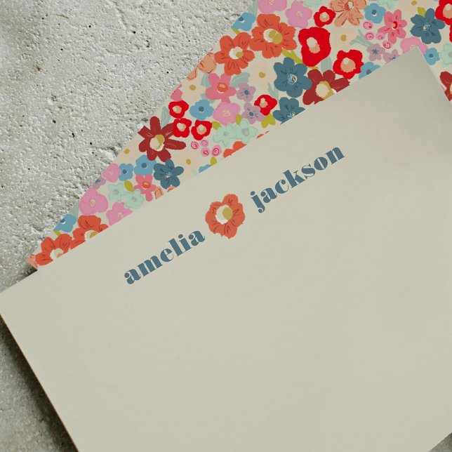 Carte De Correspondance Joie fleurie Gras brillant Floral Personnalisé (Blooming Joy Bold Bright Floral Personalized Note Card)