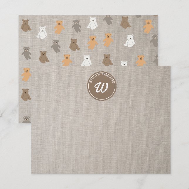 Carte De Correspondance Joli motif d'ours avec monogramme initial (Devant / Derrière)
