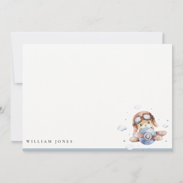 Carte De Correspondance Joli Teddy Avion Navy Rust Ciel Etoiles Anniversai (Devant)