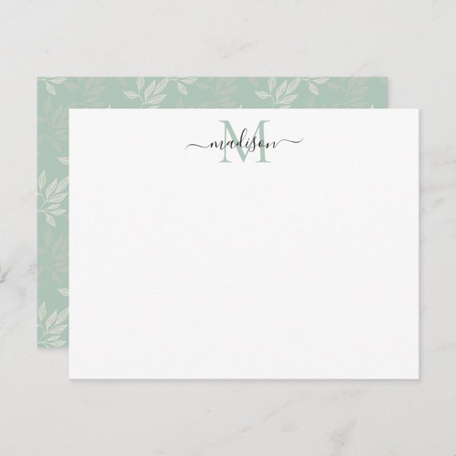 Carte De Correspondance Joli Turquoise Vert Floral Feuilles Monogramme Nom (Devant / Derrière)