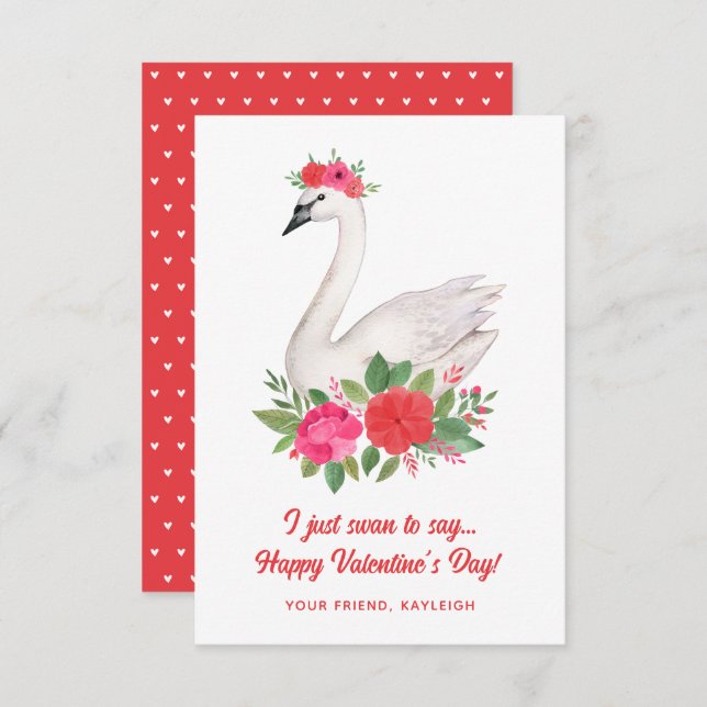 Carte De Correspondance Jolie aquarelle Swan Pun Classroom Valentine (Devant / Derrière)