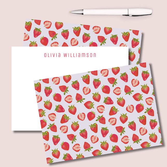 Carte De Correspondance Jolie fraise rose (Strawberry notecards with personalized name or choice of text to one side. )
