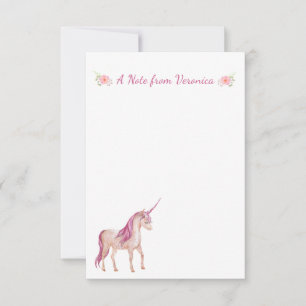 Carte De Correspondance Jolie PInk Unicorn personnalisée florale