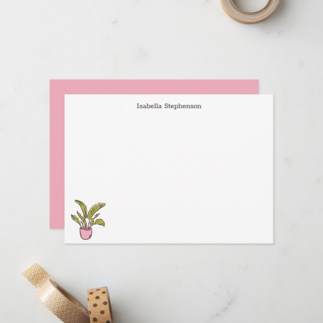Carte De Correspondance Jolie plante en pot doodle rose et blanc (Devant/Arrière en situation)