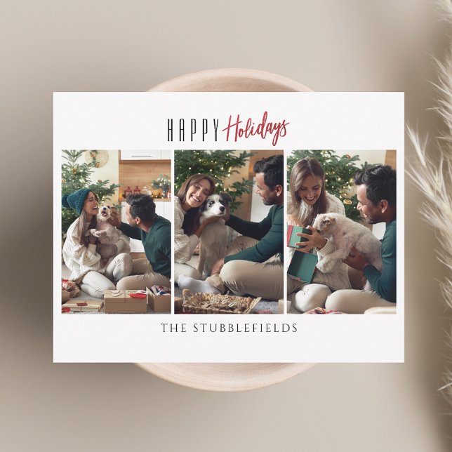 Carte De Correspondance Joyeuses Fêtes 3 Photos de Famille Vœux de Noël (Happy Holidays 3 Family Photos Christmas Greetings Note Card)